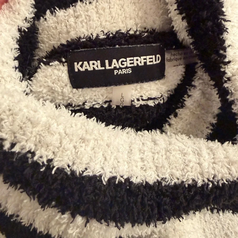 Karl Lagerfeld Paris‎ Black White Stripe Fuzzy Turleneck Sweater Top L